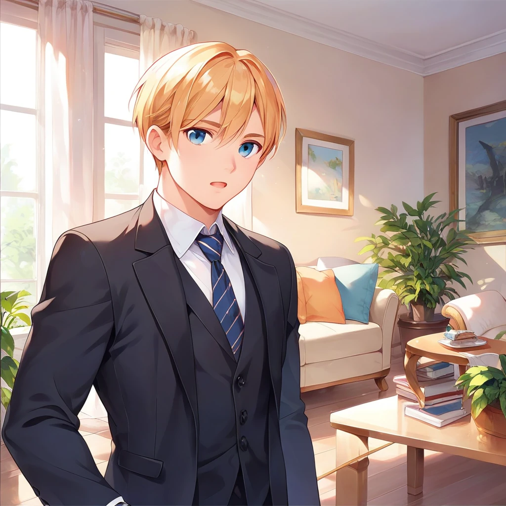 masterpiece , best quality , front view , upper body , living room  , color , lineart , 1 boy , black suit , golden hair , short hair , 20 years old , Handsome man  , open mouth , white backqround , simple backqround 