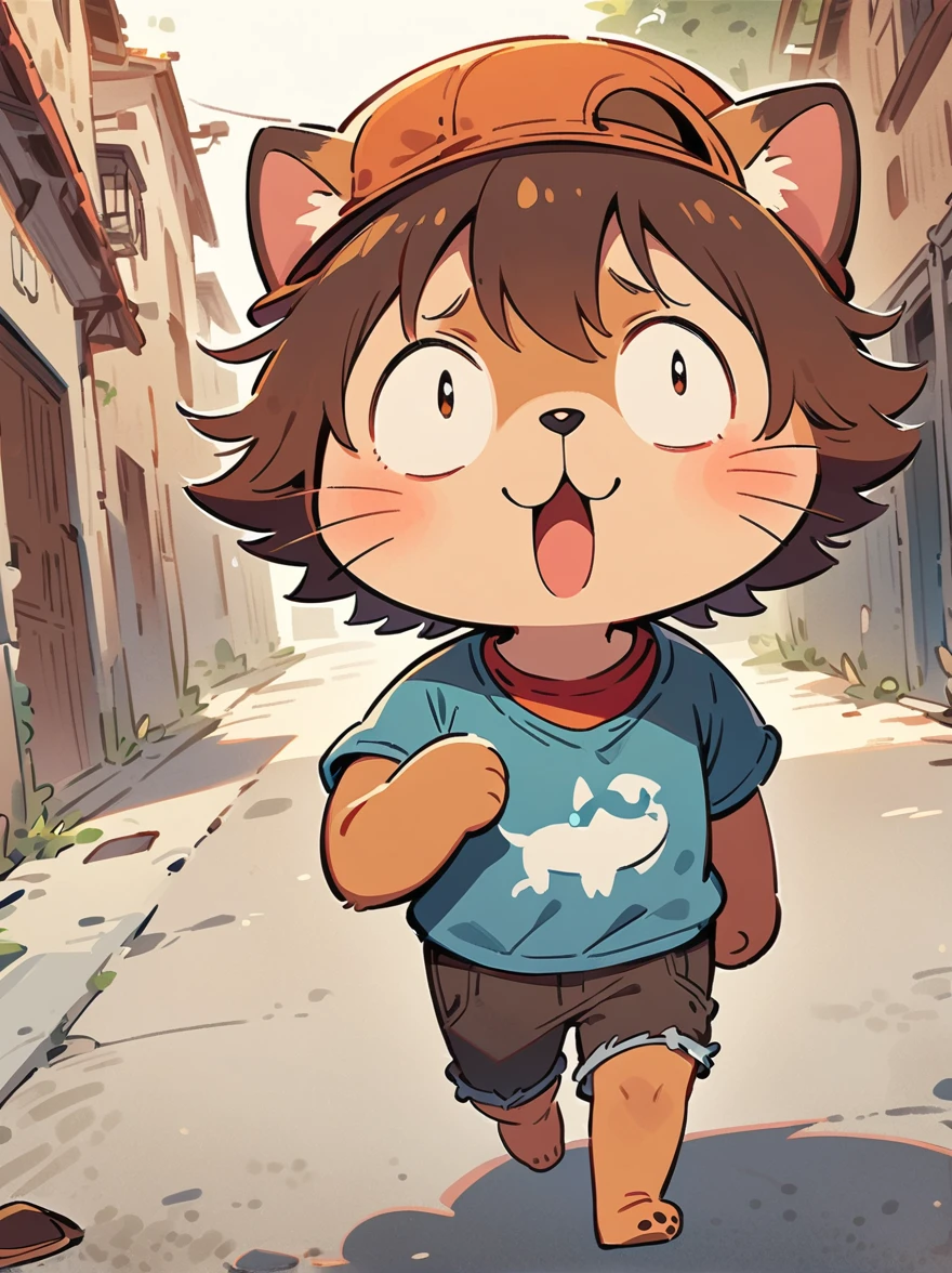 Cartoon illustration,simple,Depicts an anthropomorphic dog,hairy,Dog Boy,Brown fur,Brown eyes,Single tail,short detailed hair, and hats, male, short, Smile, Eyes half closed, Reverse hat wearing,Masterpiece, high resolution,8K,(((solo))),(T-Shirt,barefoot:0.6),Looking at the audience,Viewing angle,Handsome expression,