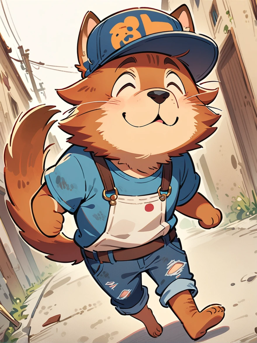 Cartoon illustration,simple,Depicts an anthropomorphic dog,hairy,Dog Boy,Brown fur,Brown eyes,Single tail,short detailed hair, and hats, male, short, Smile, Eyes half closed, Reverse hat wearing,Masterpiece, high resolution,8K,(((solo))),(T-Shirt,barefoot:0.6),Looking at the audience,Viewing angle,Handsome expression,