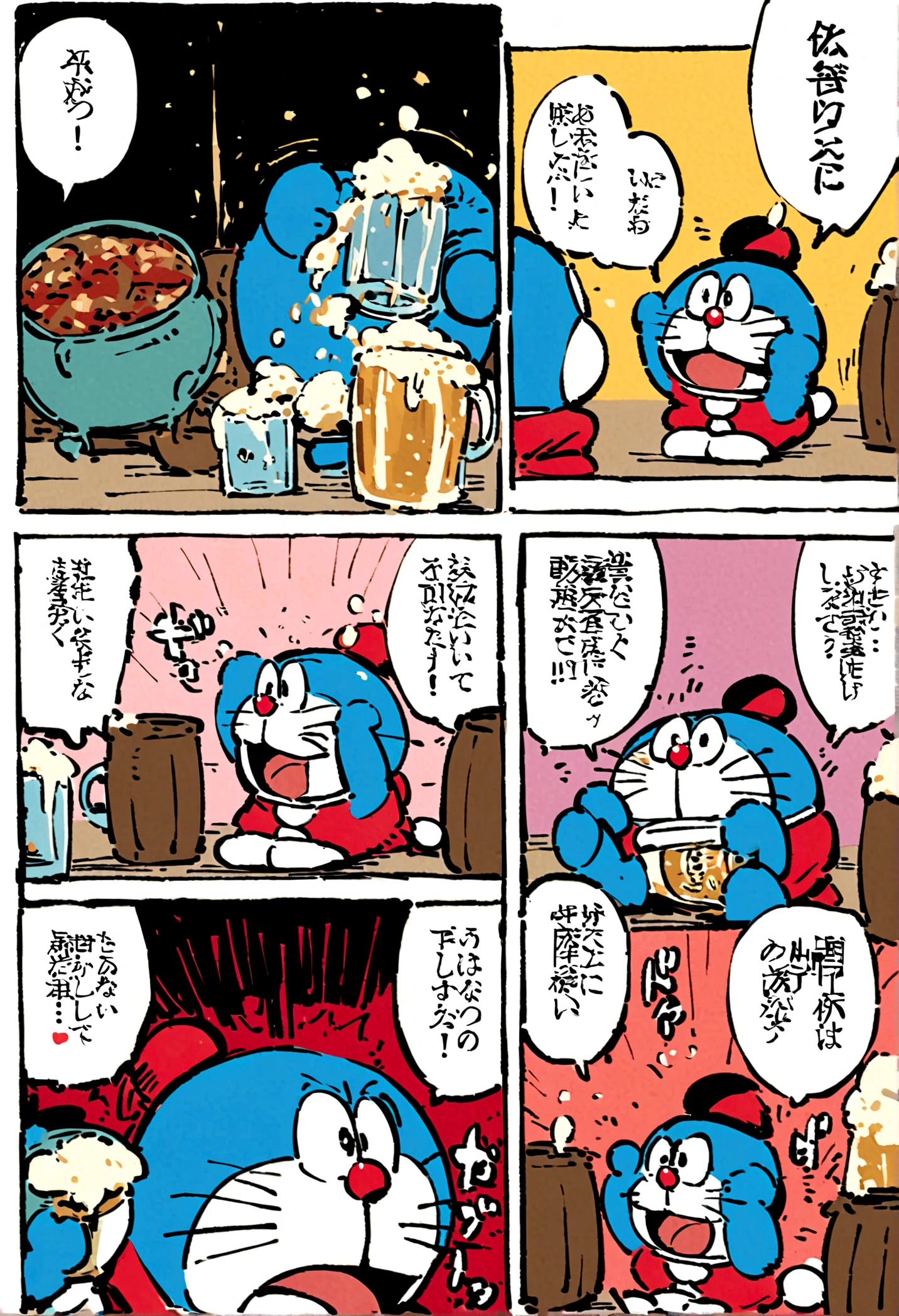 Doraemon，drink beer，Japanese manga style，Background modern Japanese street，Wearing a modern Japanese kimono，Lots of beer glasses，Japanese style，Comics，japonisme，真实Doraemon头像