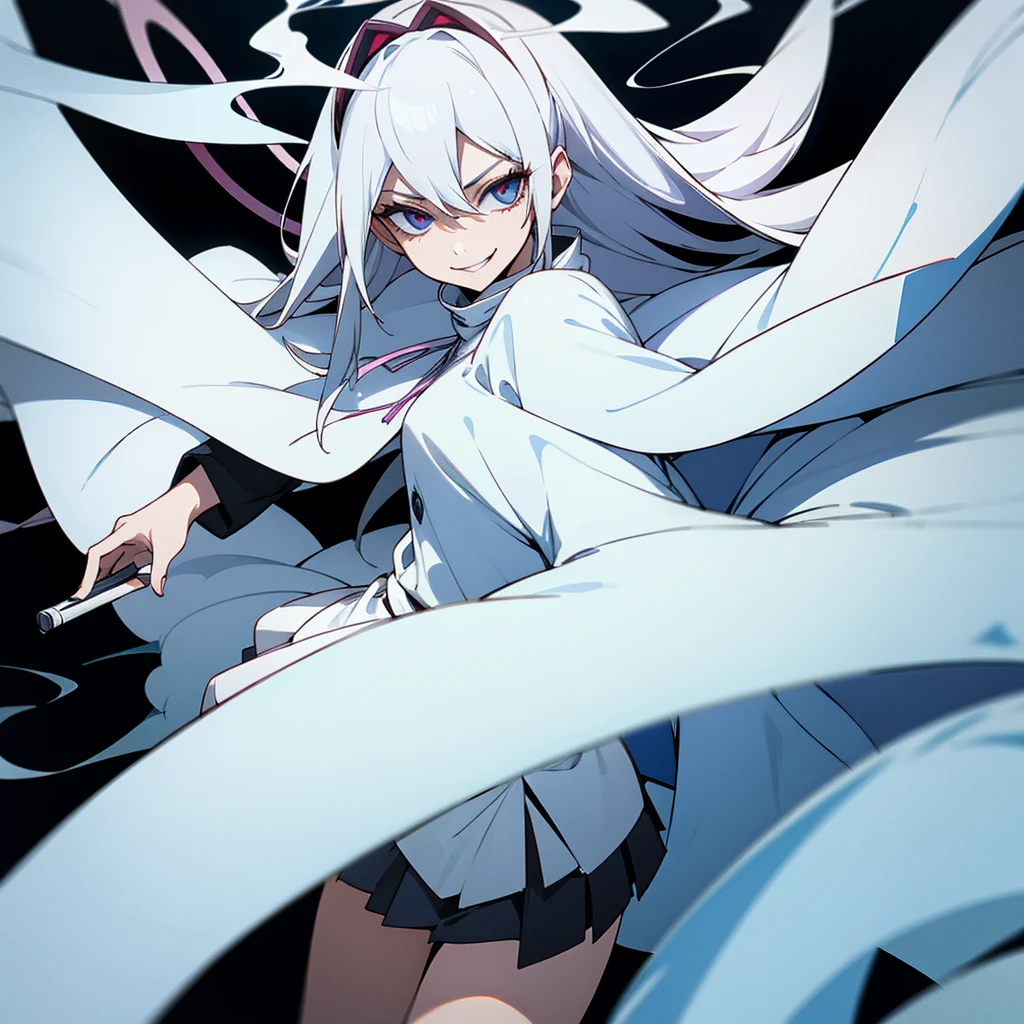 1 girl, dark white hair, villain, SMILE, psychopath, psychopath smirk, Straight hair, (((noble cloth))), Short skirt, White cloth, white poker mask, smoking blanco, masked