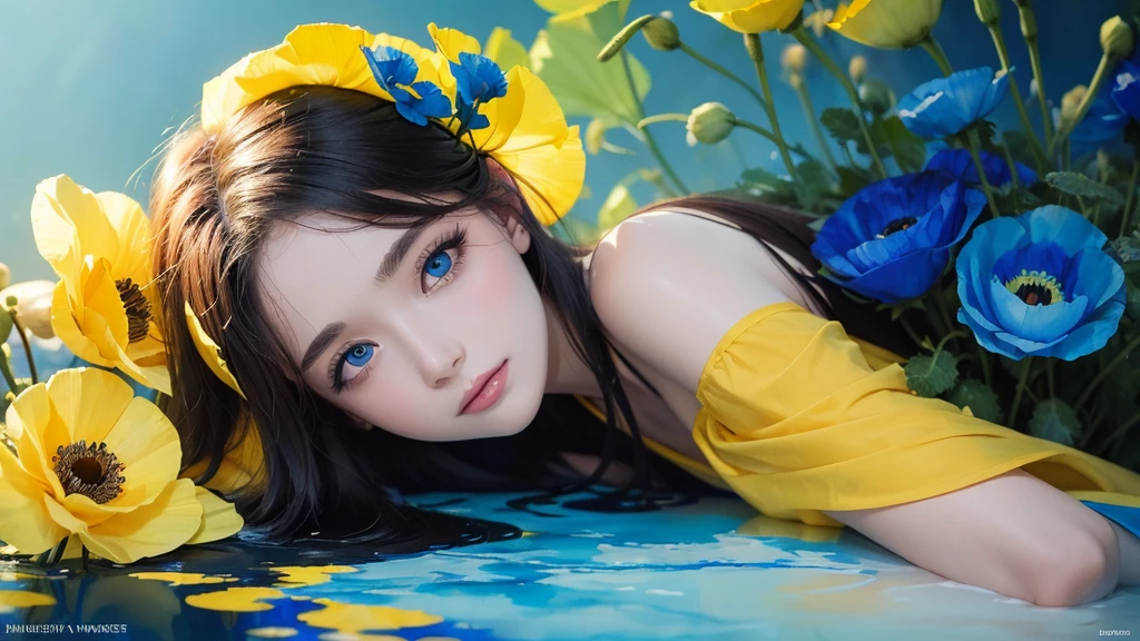 32k, Masterpiece, Highest quality, One girl, Detailed eyes, flower,Iceland Poppy, Blue and yellow style,A dreamy, romantic piece,Pale yellow, Mysterious Leaves,A playful arrangement,Fantasy,High Contrast,Ink strokes,explosion,Exposure, Impression of blue and yellow tones,Abstract,((Watercolours by John Berkey and Jeremy Mann )) Brush strokes,Negative Space, Tyndall effect,