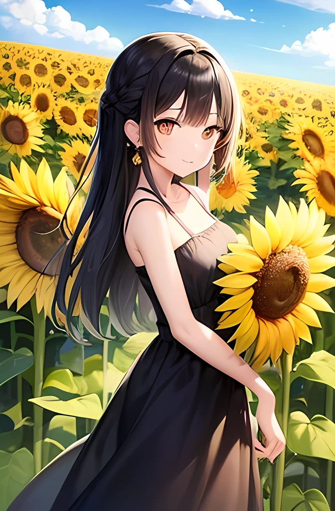 Draw a young woman in a field of sunflowers。She has black hair、Her hair is loosely curled and hangs down the side of her face.。Has large, bright brown eyes、The eyelashes are long。She has a kind and friendly smile。Skin has a bright and healthy tone、She has small hoop earrings on her ears。Wearing a yellow dress、A cool design that shows off your shoulders。The background is filled with lots of sunflowers.、A large sunflower is also placed in the foreground.。The main colors are warm and bright yellow and green.、Please make the picture evoke the freshness of summer.。
