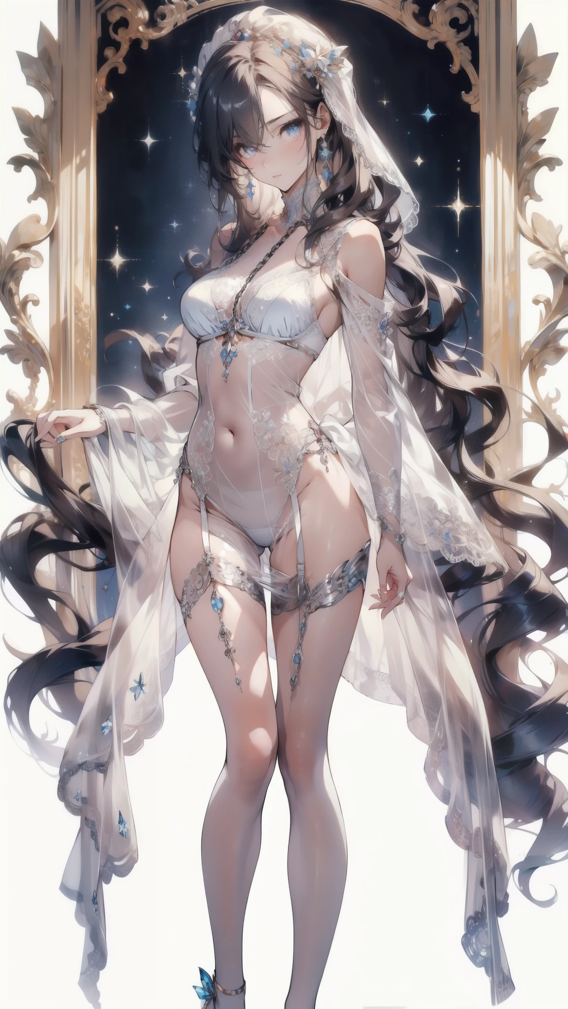  ((best quality)), ((masterpiece)), (detailed), 1girl, NSFW, small breasts, prominent collarbones, skinny arms, flat stomach, visible hip bones, long hair, ponytail, thick ponytail, heavy ponytail, red and white clothing, Bloodborne inspired, occult aesthetic, occult, detailed and intricate steampunk and detailed gothic 