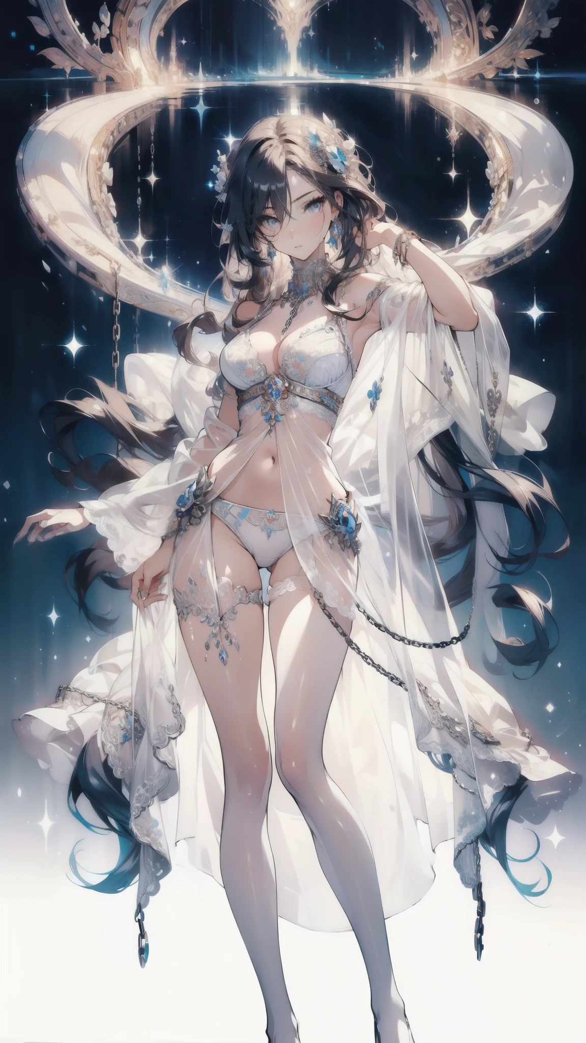 ((masterpiece, best quality)), Delicate face,goddess,whole body,Long legs,Standing picture,Perfect body proportions,Long wavy hair,beautiful eyes,Fantasy style,Extremely beautiful,Pure white background,transparent,Sexy Lingerie,chain