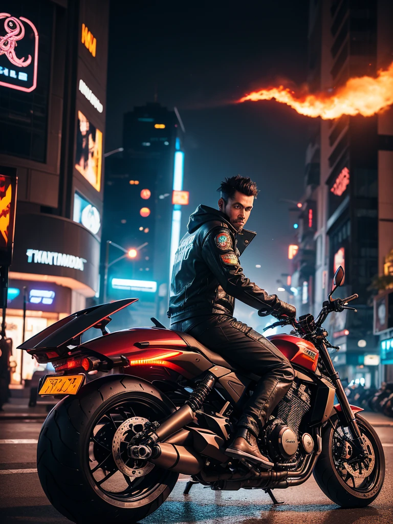 A man in his 30s wearing a cyberpunk island outfit. Riding a cool motorcycle The background is a robot. Virtual images during the day surrounded by flames