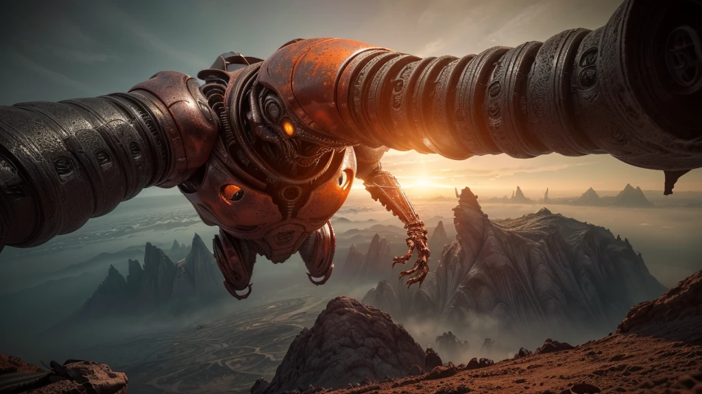 (((IN VORECIOUS FIGHT))), ((BENT STEEL, IMPOSSIBLE), (FORCED PESPECTIVE VIEW FROM BELOW OF Biomechanical ALIEN Creatures of Disgusting Alien Biology) biomechanical alien, unknown, extraterrestrial biology on unknown planet, HEAVY atmosphere with dust particles suspended in the air red - orange WITH SULFUR

