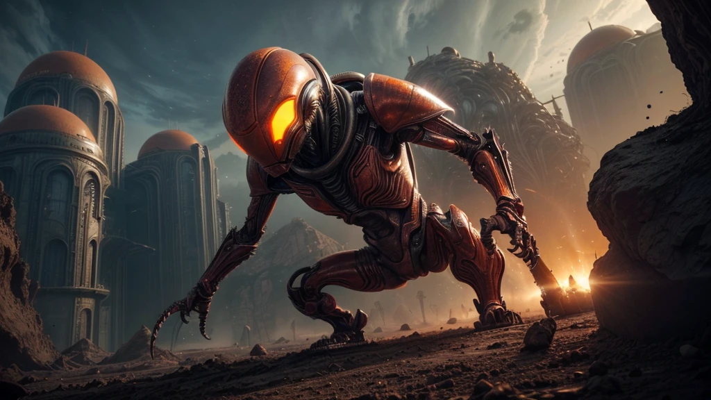 (((IN VORECIOUS FIGHT))), ((BENT STEEL, IMPOSSIBLE), (FORCED PESPECTIVE VIEW FROM BELOW OF Biomechanical ALIEN Creatures of Disgusting Alien Biology) biomechanical alien, unknown, extraterrestrial biology on unknown planet, HEAVY atmosphere with dust particles suspended in the air red - orange WITH SULFUR