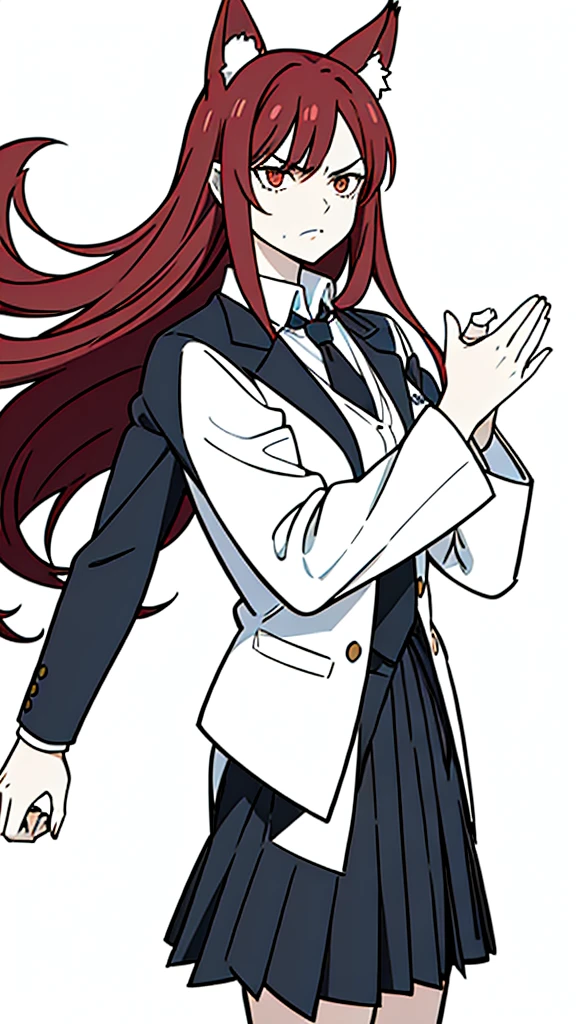 1girl ,solo,20s,mature female,angry face,red hair,long hair,fox ears,(white background, line drawing),shirt,black standard tie,dark blue blazer, blazer,long sleeves, black pleated skirt,(upper body)