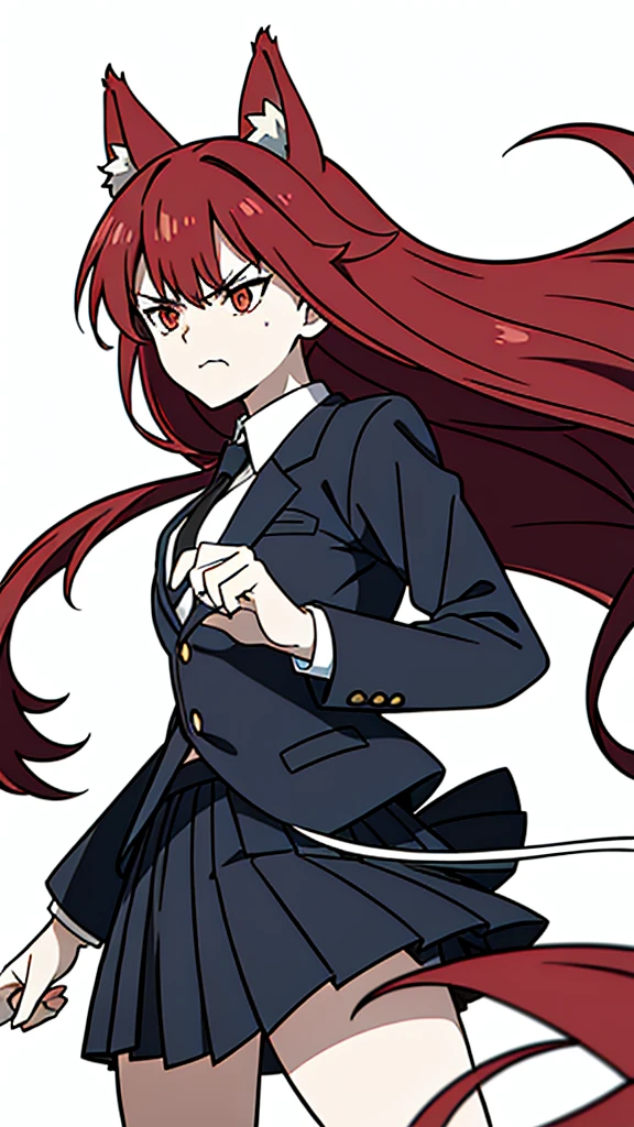 1girl ,solo,20s,mature female,angry face,red hair,long hair,fox ears,(white background, line drawing),shirt,black standard tie,dark blue blazer, blazer,long sleeves, black pleated skirt,(upper body)