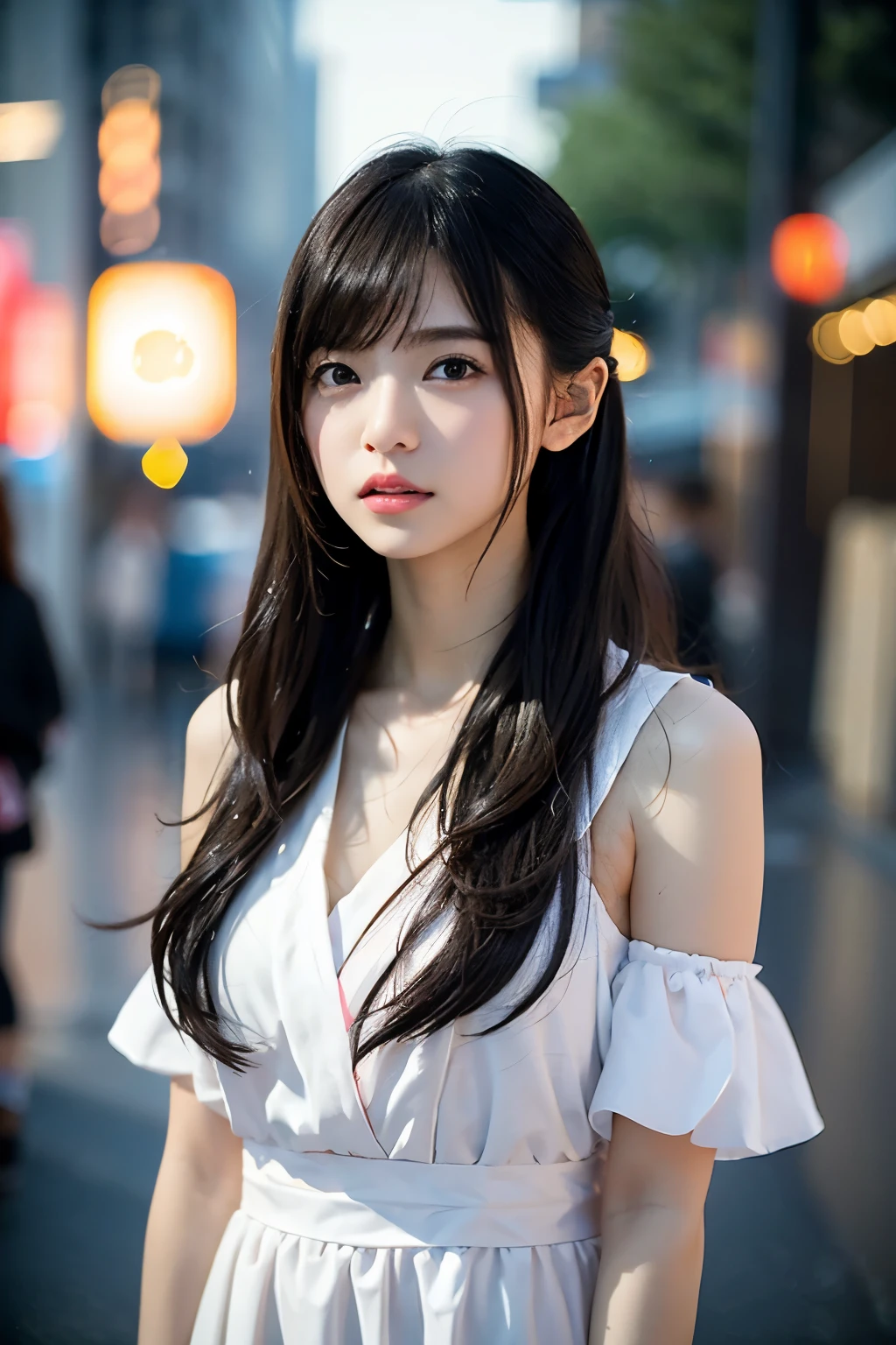 Sunset sky、Random Pause、Mix 4、（8K、digital camera、超High resolution、born、born写真、Completely real image、Highest quality、masterpiece：1.45）、（Real、Real：1.37）、16 years old、Beautiful Japanese Woman、No makeup、Thick eyebrows、（（（Full body image）））、Streetscape、festival、Sunset、rain、Wet、Professional Lighting、Photon Mapping、Radio City、Physically Based Rendering、Gradient black hair、Hair tied up、Highest qualityの写真、High resolution、1080P、（Beautiful face）、（detailedな顔の説明）、（手のdetailedな説明）、（masterpiece）、（Exquisite CG）、lure、masterpiece、detailed、（Fine facial features）、（Highest qualityの写真）、（masterpiece）、（Fine particles）、Look in front of you、Thin clavicle、Breasts that are not swollen at all:0.5), (((Immature and young body))), ((Fat)),(((Glowing Skin:1.5、Light Skin: 1.5、Glowing Skin、非常にGlowing Skin)))、detailedなボディ、Droopy eyes、(obscene、Pussy Line：1.2)、Thin pubic hair、High heels