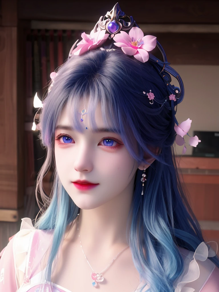 best quality, masterpiece, High target, There is a girl with a basket of flowers on her head, beautiful clothes, Hair Decorationss, necklace, Decorations, Pretty Face, When the body, Tyndall effect, Realistic Portraits, Edge lighting, Two-color light, (Very delicate skin:1.2), 8K uhd, Digital SLR Camera, Soft Light, high quality, Volumetric Lighting, Honest, photo, high resolution, 4K, 8K, Bokeh, Blue hair,purple hair ends, Pink Eyes,cartoon.