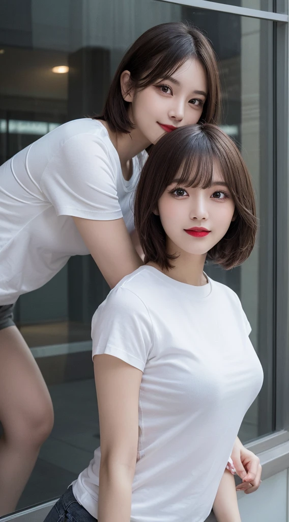 Highest quality, figure, Super detailed, In detail, High resolution, 32k wallpapers, Perfect dynamic composition, Beautiful attention to detail, White T-shirt,,short hair, Center of chest, Dark red lip, Dark eyeliner,Random sexy poses,smile,Tower apartment