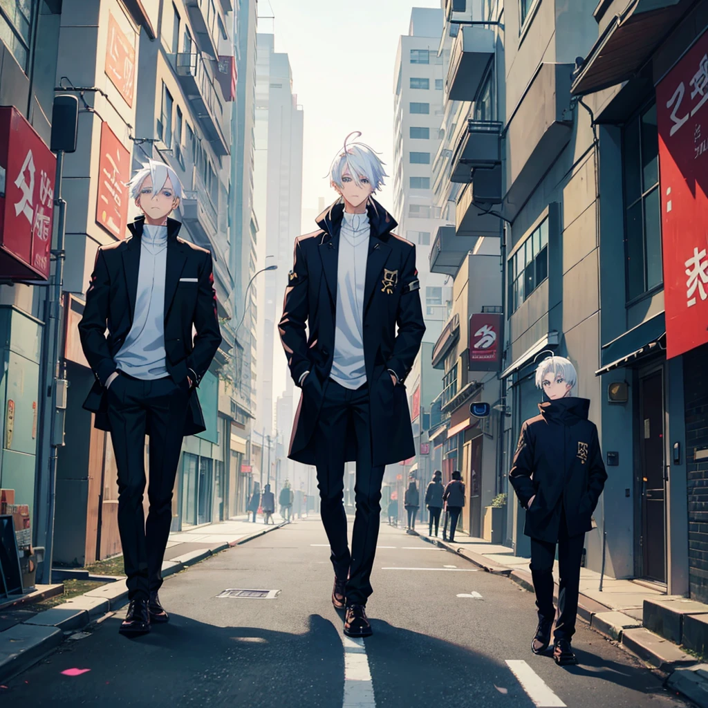 25 years old anime man with white hair, walking down the street with his hands in his pockets
