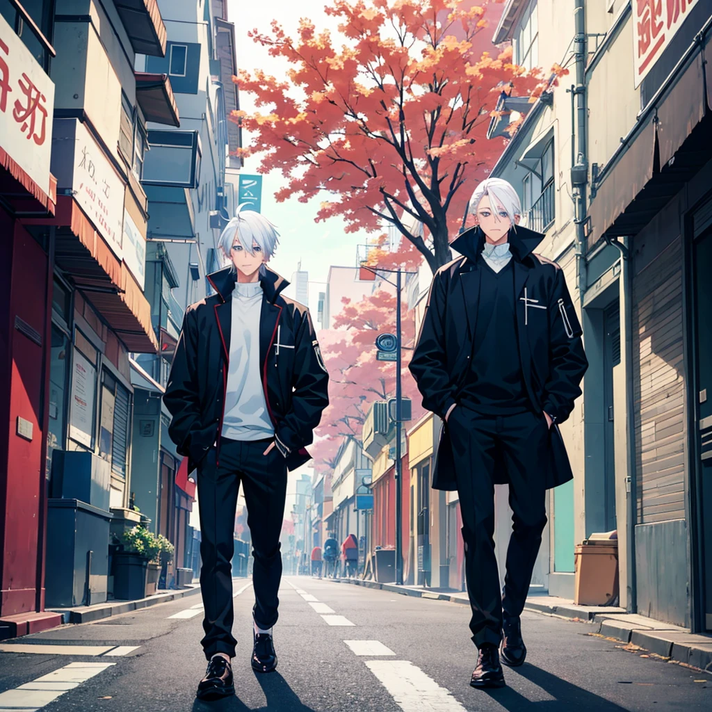 25 years old anime man with white hair, walking down the street with his hands in his pockets
