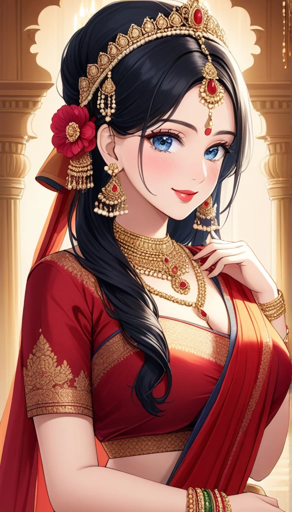 Hot sexy beautiful princess, long sparkling heavy diva jhumka earrings,big breasts, ,black hair ,blush,blue eyes, smiling,red lipstick, chandelier jewelry,makeup, ornament, chandelier necklace,waist chain, rings,bangles,hair flower brochure,hair pins,hair chain, royal palaces and grand architecture, Traditional Indian wedding sari, elegant draping style, intricate floral motifs, handwoven silk material, embellished with sequins and beads, sparkling gemstones and gold accents, artistic rendering of Indian culture, traditional jewelry and accessories, traditional wedding saree, princess crown , detailed nose, detailed face, detailed lips,anklet,waist chain,mangal sutra