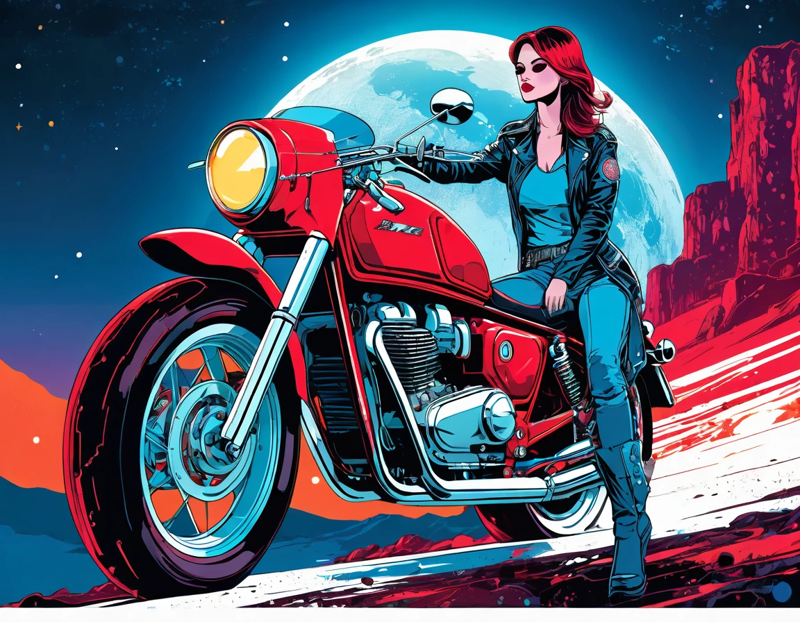 (masterpiece), (best quality), (best detail), (distant general view), (stamp),(The main color of the illustration: bright, saturated red), (Secondary colors: Azure), Red cafe racer motorcycle driven by a woman in a rebellious stance, very detailed chassis, futuristic western landscape, night (Many stars, moon), grap (detailed, There is a lot of contrast), Very saturated pulp color