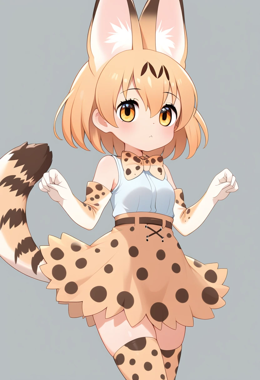 Score_9, Score_8_up, Score_7_up, Score_6_up, Score_5_up, Score_4_up, source_anime, 1girl, li, servalkemono, serval ears, print legwear, print gloves, print bowtie, tail, sleeveless shirt, high-waist skirt, serval print, Savannah