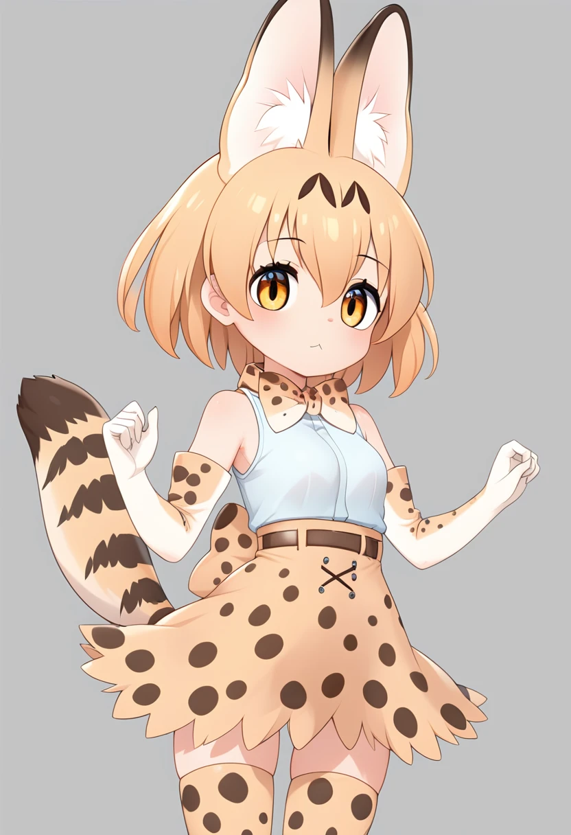 Score_9, Score_8_up, Score_7_up, Score_6_up, Score_5_up, Score_4_up, source_anime, 1girl, loli, servalkemono, serval ears, print legwear, print gloves, print bowtie, tail, sleeveless shirt, high-waist skirt, serval print, Savannah