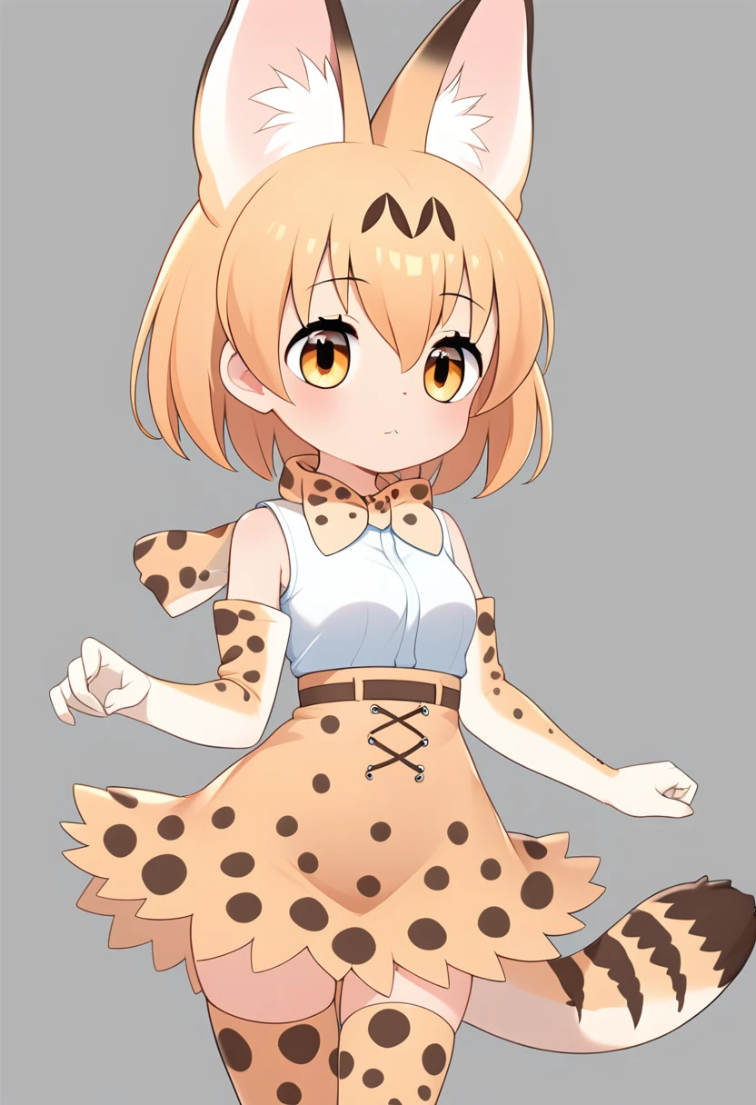 Score_9, Score_8_up, Score_7_up, Score_6_up, Score_5_up, Score_4_up, source_anime, 1girl, loli, servalkemono, serval ears, print legwear, print gloves, print bowtie, tail, sleeveless shirt, high-waist skirt, serval print, Savannah