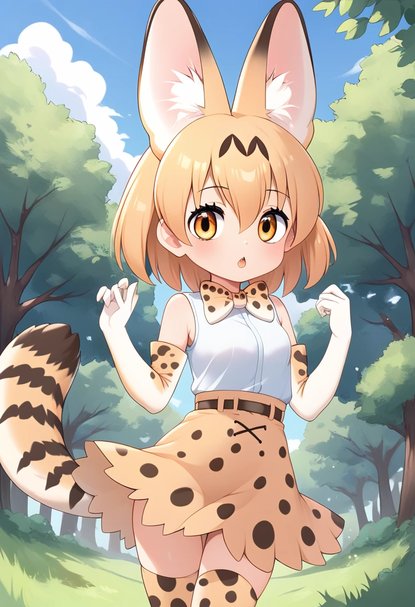 Score_9, Score_8_up, Score_7_up, Score_6_up, Score_5_up, Score_4_up, source_anime, 1girl, loli, servalkemono, serval ears, print legwear, print gloves, print bowtie, tail, sleeveless shirt, high-waist skirt, serval print, Savannah