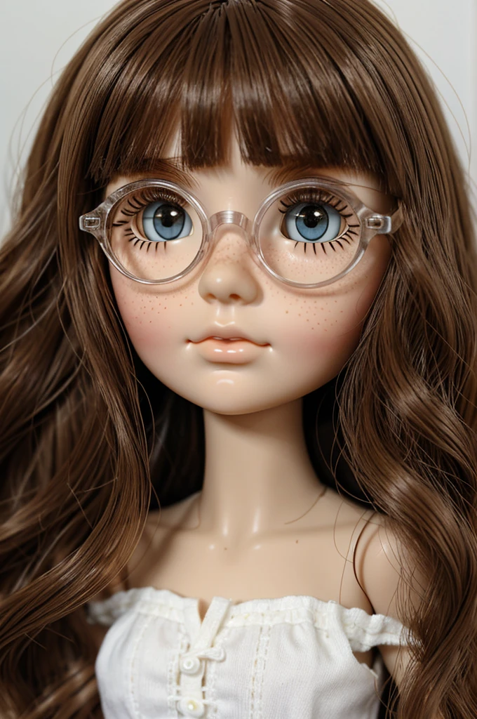 blythe dolls make it white, with lots of freckles, brown eyes and brown hair, wavy and medium, wear clear lenses without fringes.