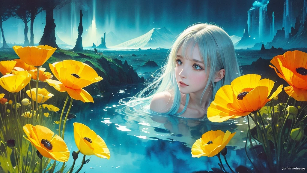 32k, Masterpiece, Highest quality, One girl, Detailed eyes, flower,Iceland Poppy, Blue and yellow style,A dreamy, romantic piece,Pale yellow, Mysterious Leaves,A playful arrangement,Fantasy,High Contrast,Ink strokes,explosion,Exposure, Impression of blue and yellow tones,Abstract,((Watercolours by John Berkey and Jeremy Mann )) Brush strokes,Negative Space, Tyndall effect,