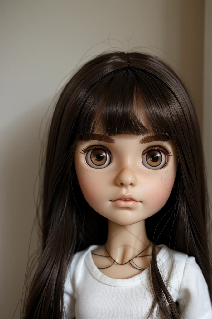 blythe doll, with dark brown hair, dark brown eyes, thin eyebrows, straight hair in the middle, big eyes, small nose, brunette 