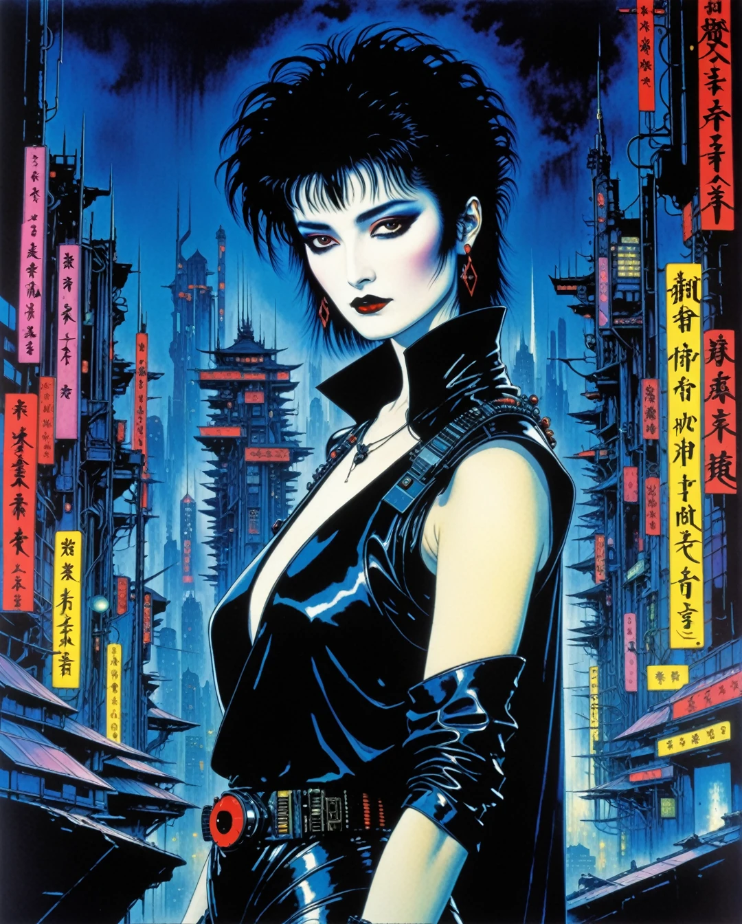amano yoshitaka, 80s, 1girl, goth, siouxsie, michelle pffifer, cyberpunk, futuristic city background, 80s movie poster art style,