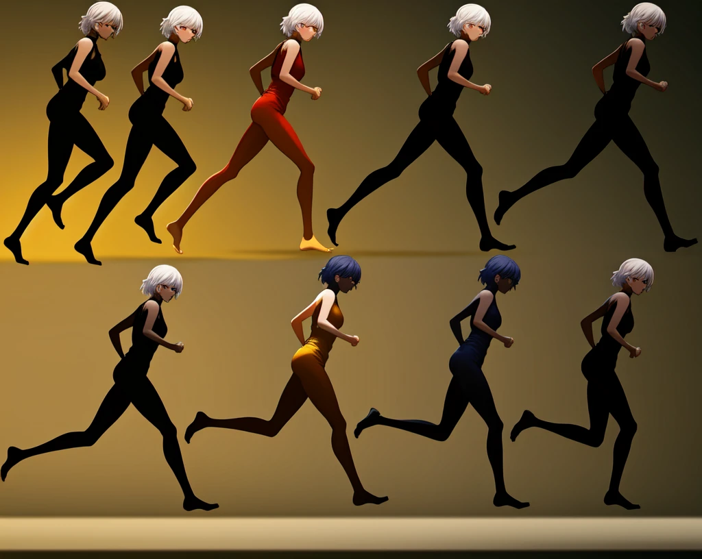 masterpiece, best quality,1girl, ((young girl)), ((large round magical red eyes)), shiny skin, (thin waist), (white hair), ((curvy)), ((wide hips)), ((hoop earrings)), ((small)) , (((yellow overalls))), hot, soft natural lighting, reflections, bright illuminations, deep dark black skin, ((yellow outfit)), full body, running