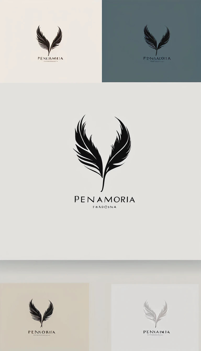 A minimal, modern, simple, cinematic logo design for the brand “Penamemoria". Create a modern, minimalistic, high-quality, logo of a bird feather