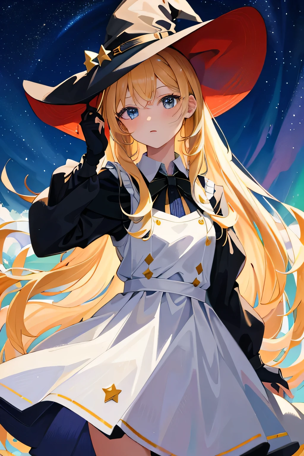 ((Masterpiece:1.2, Best quality)), 1girll, Solo, (Witch hat), Blonde hair, Long hair, dress, aurora, Night, Star (sky), mitts, sky, White dress, Night days