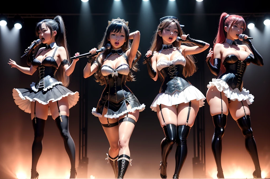sexy, Carafina, Keiko Kubota, Hikaru Masai, Wakana Otaki, Three Girls, Singing on stage, sexy, Wearing an elegant mini dress, Traditional Dress, collar, Corset, stockings, garter belt, High heels, Very long boots, High Boots, Long gloves, ponytail, Long Hair, Full Body Shot