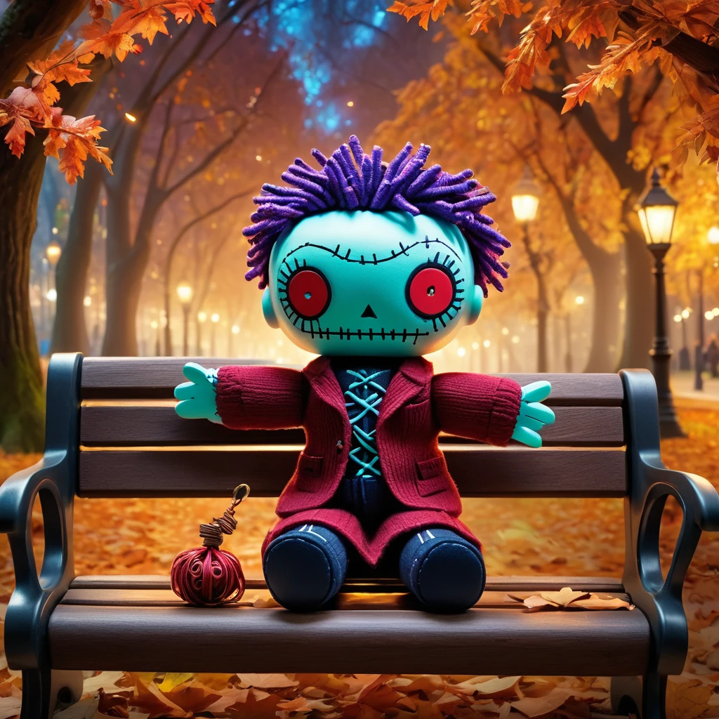 (knitted toy voodoo doll:1.5), (Voodoo on a Park Bench:1.3), (Clothing: casual outfit with glowing leaf patterns:1.0), (Accessories: enchanted book emitting sparks of knowledge, levitating birds:1.1), (background: mystical park with floating benches, glowing trees, and spectral passersby:1.2), best quality, masterpiece, detailed soft oil painting, detailed background, dramatic cinematic lighting, soft edge lighting, professional, dramatic lighting, hard edge lighting, ultra quality, 4k, masterpiece, best quality, 8k, ultra high definition, high resolution, extremely detailed