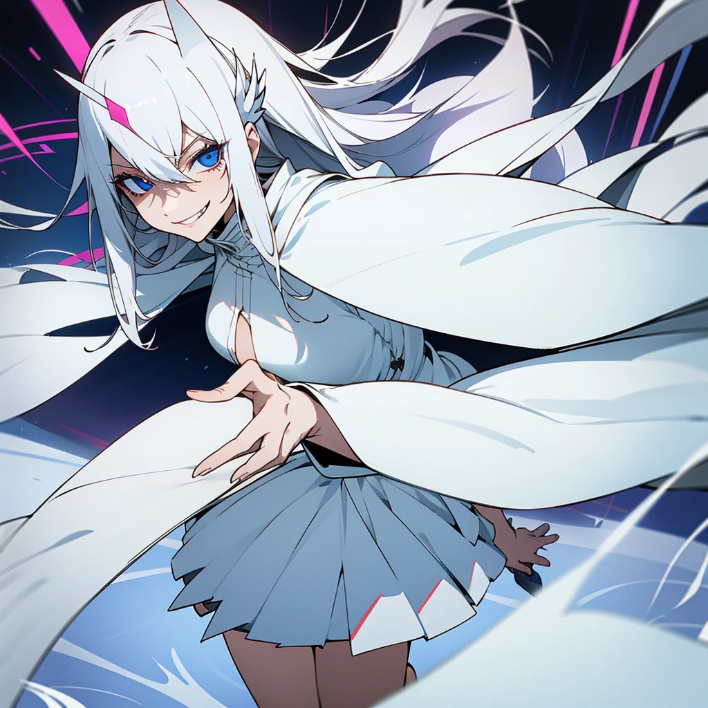 1 girl, dark white hair, villain, smile, psychopath, psychopath smirk, straight hair, (((noble cloth))), short skirt, white cloth, white poker mask, white tuxedo, masked