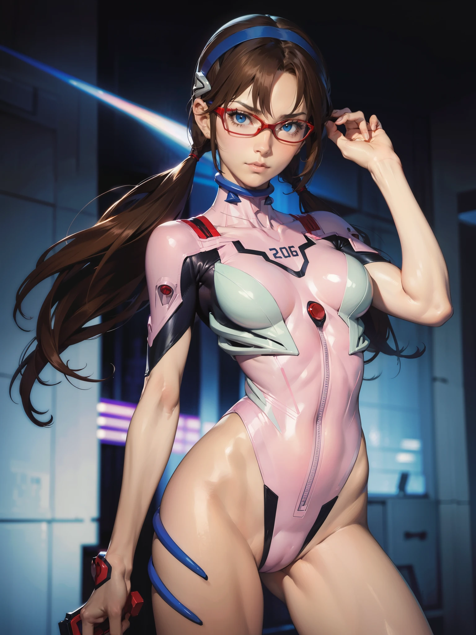 makinami_mari_illustrious, glasses, plugsuit, bodysuit, red-framed eyewear, bodysuit, long hair, brown hair, twintails, hairband, blue hairband, blue eyes, bodysuit, (parted bangs:1.5), mecha, science fiction, red-framed eyewear, pilot suit, plugsuit, white bodysuit, Very detailed, Cyberpunk city, upper body, portrait, (masterpiece), best quality, expressive eyes, perfect face, 1girl, solo, standing with open legs, facing the viewer, Beautiful figure, Slim, Slender figure, shapely legs, Anime style, Very detailed face, Very beautiful face, sexy, Beautiful slim figure, Light, femininity, masterpiece, higly detailed, 8K UHD, detailed face and body, expressive look, small breasts, Heightened sexuality, looking at viewer. ((cowboy shot)), artgerm, sci-fi background