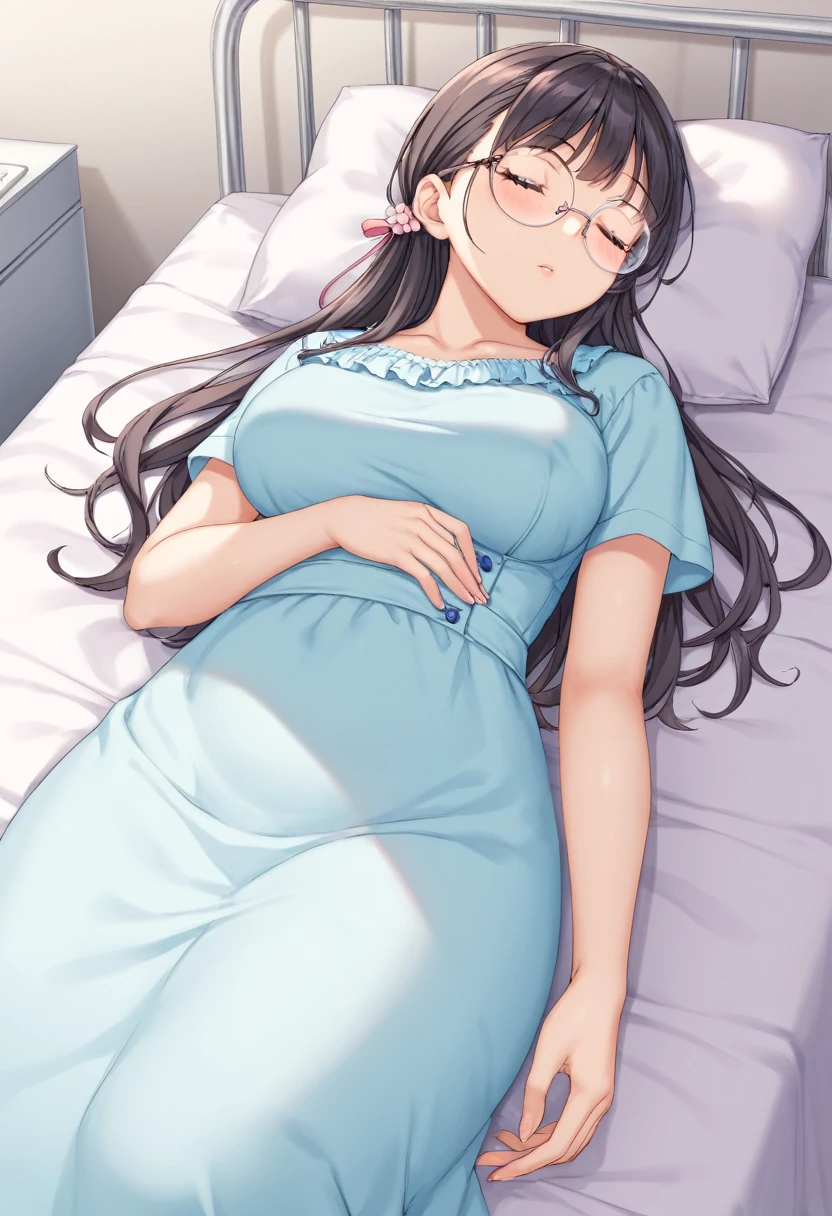 girl（Round Glasses、low length、Patient gown（Pink））Hospital bed（Sleeping on your back）