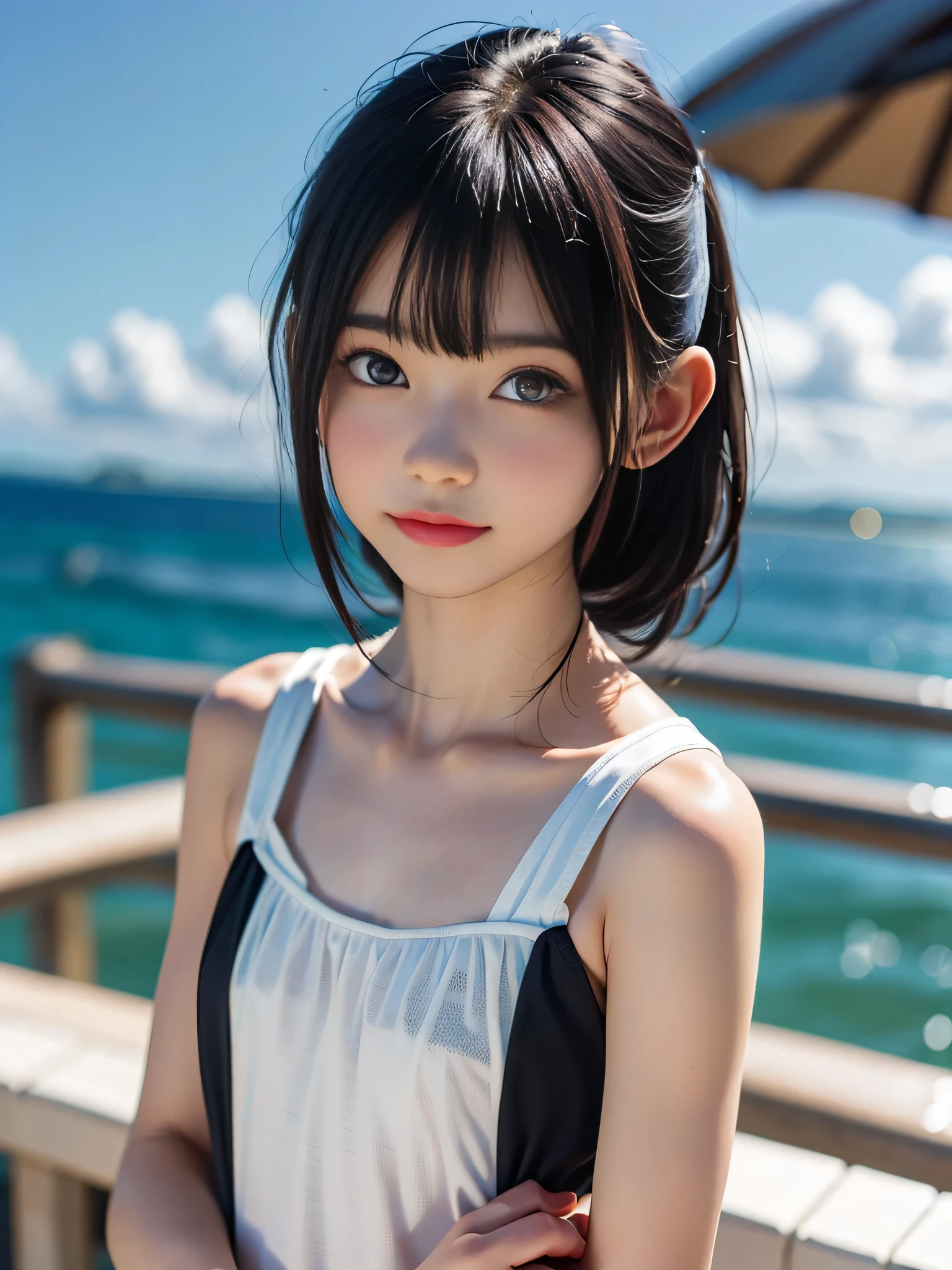 One Girl,(1人のとてもcute女の子:1.3),masterpiece,Highest quality,High resolution,Photorealistic,RAW Photos,Ray Tracing,beautiful girl,(:1.3),cute,Big eyes,(detailed pupils:1.2),(The face is facing straight ahead:1.3),Body facing forward,Beautiful nose,Fuller lips,Short black hair,ponytail,short hair,Detailed eyelashes,Thin eyebrows,Very fine grain definition,(Symmetrical eyes:1.3),(Face close-up,Face Focus:1.0),Small breasts,Short neck,White swimsuit,White Bikini,The background is the sea,Southern Island,Blue sky,White cloud,Portrait,View Viewer,Upper Body,Cinema Lighting,High resolution,Very detailed