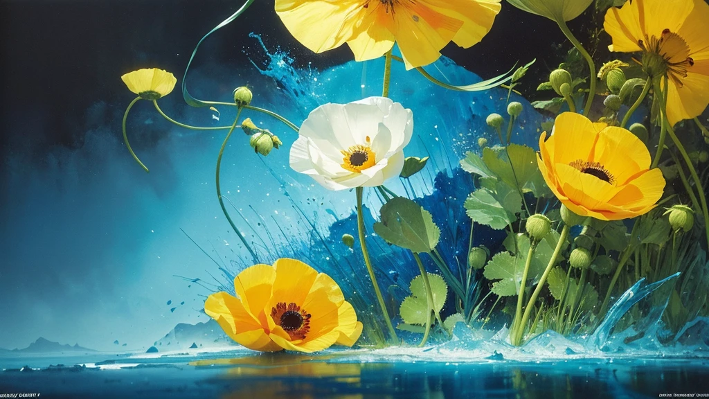 32k, Masterpiece, Highest quality, One girl, Detailed eyes, flower,Iceland Poppy, Blue and yellow style,A dreamy, romantic piece,Pale yellow, Mysterious Leaves,A playful arrangement,Fantasy,High Contrast,Ink strokes,explosion,Exposure, Impression of blue and yellow tones,Abstract,((Watercolours by John Berkey and Jeremy Mann )) Brush strokes,Negative Space, Tyndall effect,