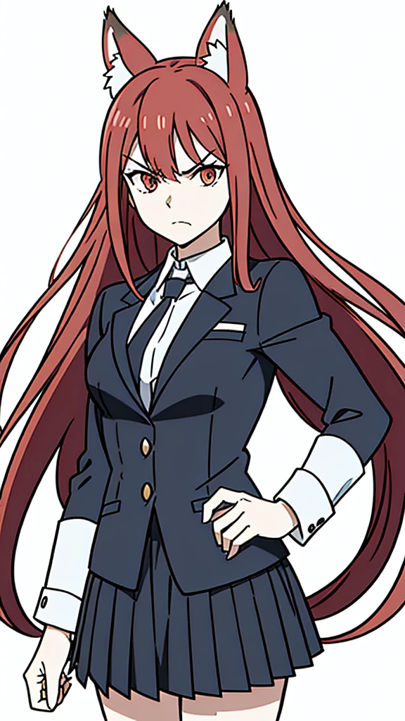 1girl ,solo,20s,mature female,angry face,red hair,long hair,fox ears,(white background, line drawing),shirt,black standard tie,blue blazer, blazer,long sleeves, black pleated skirt,(upper body)