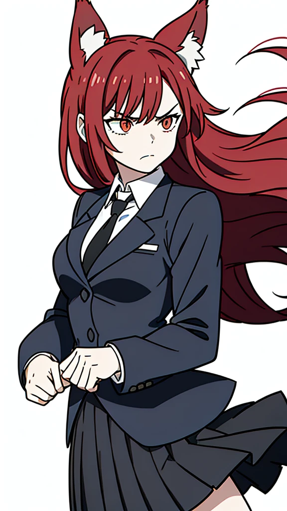 1girl ,solo,20s,mature female,angry face,red hair,long hair,fox ears,(white background, line drawing),shirt,black standard tie,blue blazer, blazer,long sleeves, black pleated skirt,(upper body)