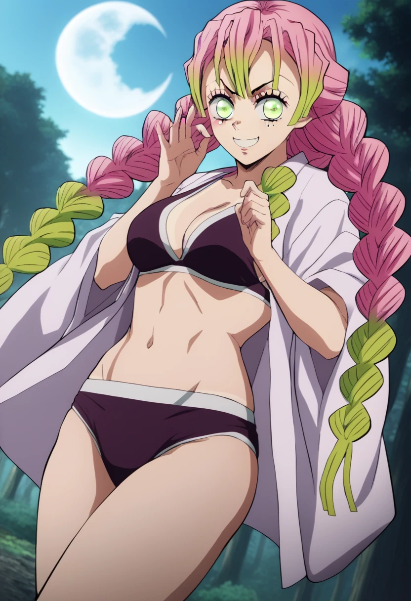 score_7_up, BREAK source_anime, KMitsuriV4XL, 1girl, solo, slight smile, forest,(((((mitsuri as a demon upper moon 2)))))oitdoor, professional light, standing, dutch angle, (((((sexy pose in underwear)))))(((( line visible)))(((mitsuri as demon)))