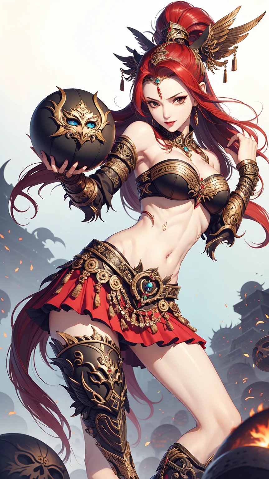 masterpiece, best quality, female, fortune, face portrait,red hair,long hair,abs, beautiful,breasts,black armor,midriff,pale skin,milf,busty,big breasts,black shoulder pads,sideboob,empress,huge breasts,sexy bride outfit,garter belt,liff skirt,dress,(hip cutout),revealing hip,cleavage to navel,wet,oiled skin