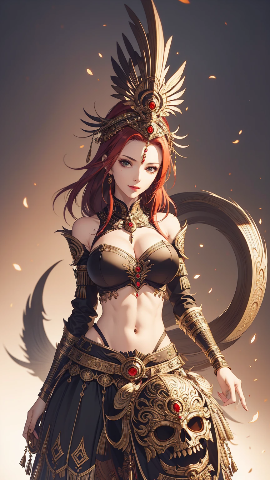 masterpiece, best quality, female, fortune, face portrait,red hair,long hair,abs, beautiful,breasts,black armor,midriff,pale skin,milf,busty,big breasts,black shoulder pads,sideboob,empress,huge breasts,sexy bride outfit,garter belt,liff skirt,dress,(hip cutout),revealing hip,cleavage to navel,wet,oiled skin