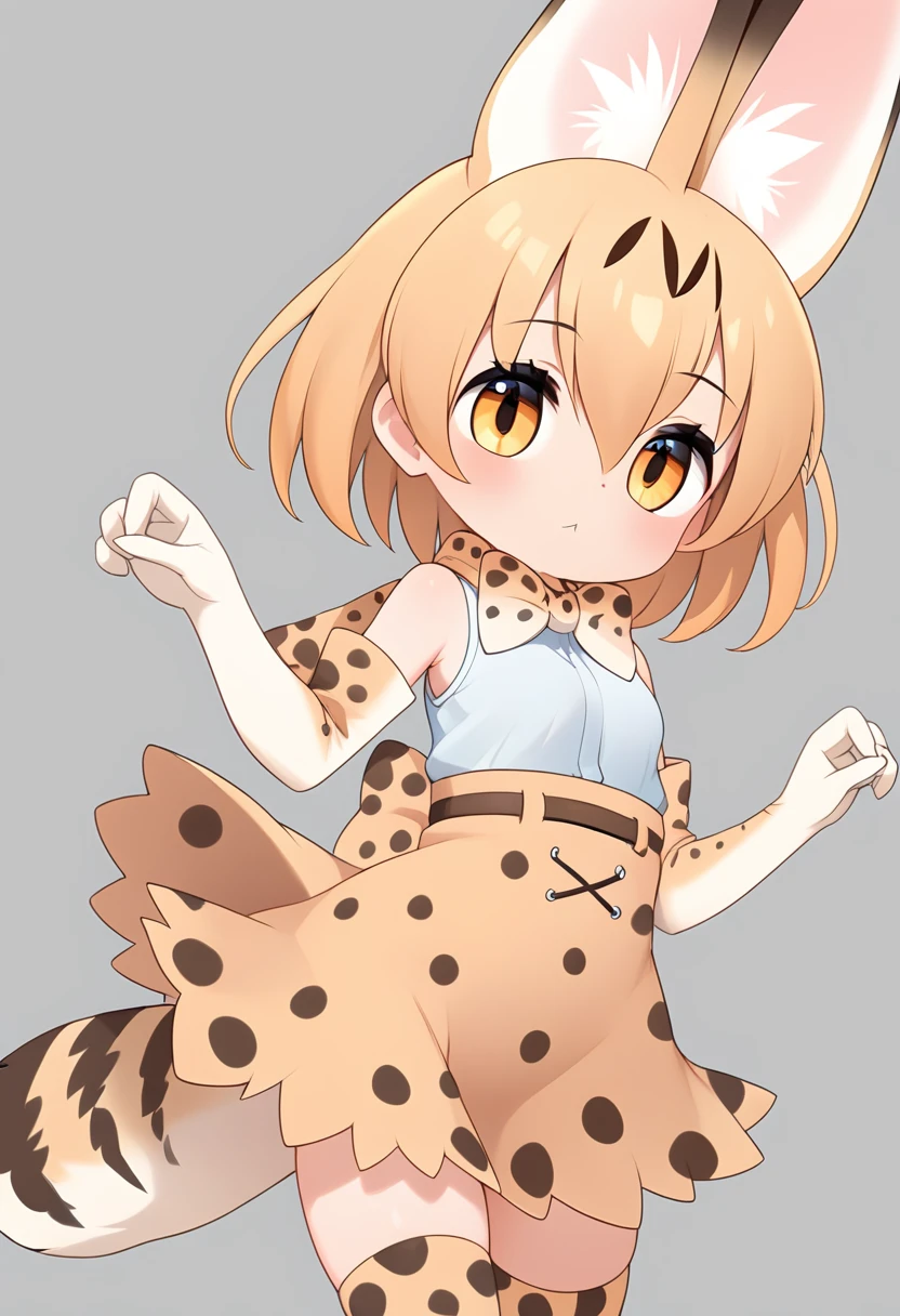 Score_9, Score_8_up, Score_7_up, Score_6_up, Score_5_up, Score_4_up, source_anime, 1girl, loli, servalkemono, serval ears, print legwear, print gloves, print bowtie, tail, sleeveless shirt, high-waist skirt, serval print