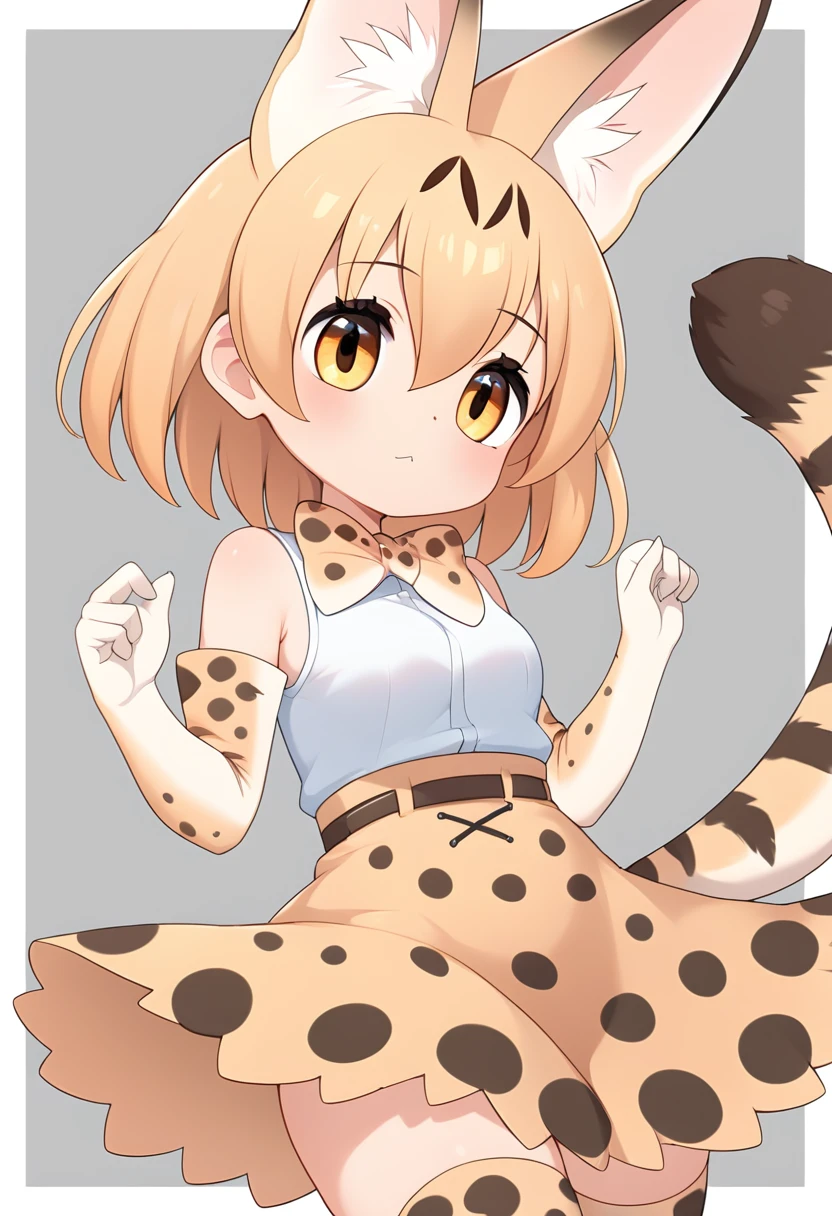 Score_9, Score_8_up, Score_7_up, Score_6_up, Score_5_up, Score_4_up, source_anime, 1girl, loli, servalkemono, serval ears, print legwear, print gloves, print bowtie, tail, sleeveless shirt, high-waist skirt, serval print