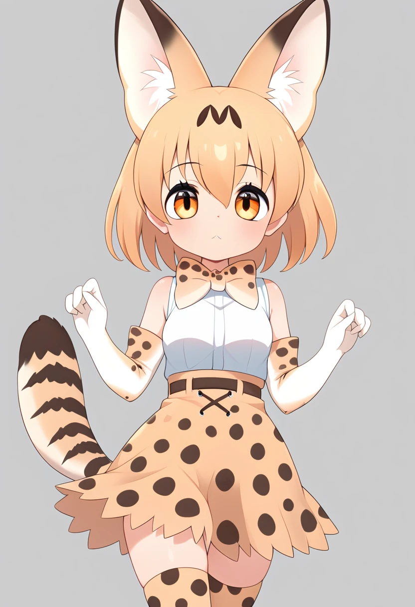 Score_9, Score_8_up, Score_7_up, Score_6_up, Score_5_up, Score_4_up, source_anime, 1girl, loli, servalkemono, serval ears, print legwear, print gloves, print bowtie, tail, sleeveless shirt, high-waist skirt, serval print