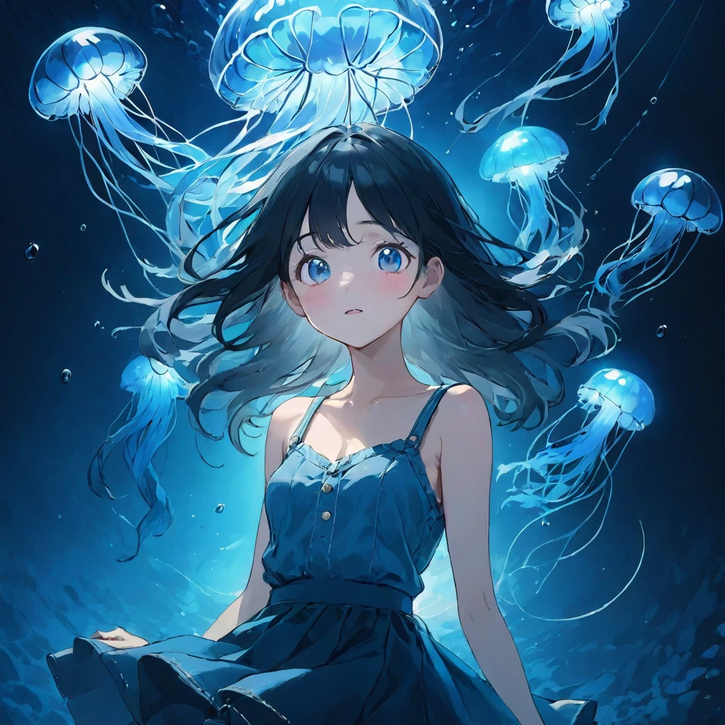 finely detailed illustration, best quality, masterpiece, vibrant color,High resolution、8k、Pitch blackの静寂を演出、Wallpaper Art、Very detailed_face_eye、sharp focus on eyes, 非常に繊細なfaceと肌の質感、Woman looking around、pretty girl、14 years old、camisole、denim hot skirt、Jellyfish floating in the air、Blue glowing jellyfish、Fluorescent jellyfish、Mystical Expressions、Synaptic vesicles、Neuron、Pitch black、The only light source is a jellyfish、