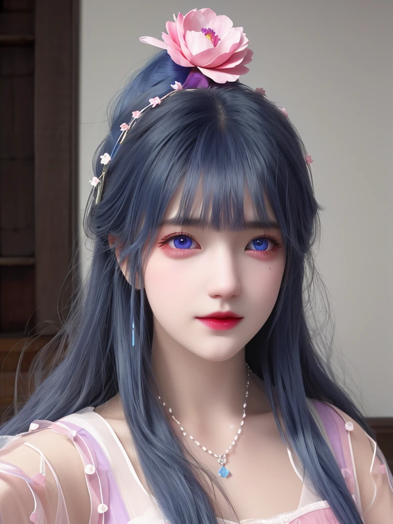 best quality, masterpiece, High target, There is a girl with a basket of flowers on her head, beautiful clothes, Hair Decorationss, necklace, Decorations, Pretty Face, When the body, Tyndall effect, Realistic Portraits, Edge lighting, Two-color light, (Very delicate skin:1.2), 8K uhd, Digital SLR Camera, Soft Light, high quality, Volumetric Lighting, Honest, photo, high resolution, 4K, 8K, Bokeh, Blue hair，purple hair ends, Pink Eyes，cartoon.