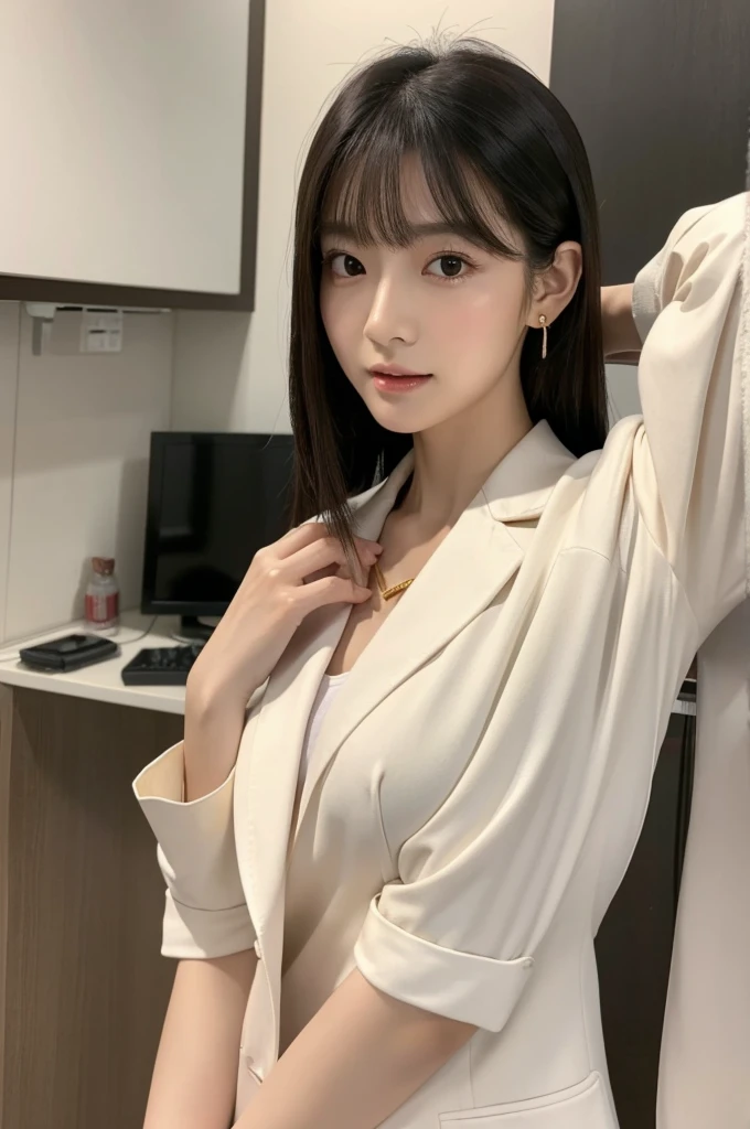 Hospital examination room, female doctor, ((full body)), ((photo)), ((best qualtiy, 8K, tmasterpiece: 1.3)), Focus: 1.2, perfect figure beautiful woman: 1.4, 1woman, cowboy shot, look at viewer, eyes facing the camera, incredibly absurd, beautiful and cute woman with a photorealistic face, showcasing top-quality craftsmanship, Japanese woman examining in a hospital examination room, 29 years old, hairstyle is a straight bob with long bangs, glossy black hair parted in the middle, thick and voluminous, elegant, fair and clear skin, large brown eyes, cool expression, long eyelashes, neat eyebrows, high nose, thin lips, natural complexion, fine skin, oval face, plump cheeks, long neck, small ears, beautiful nape, tall, slender, delicate, muscular and thin, slim frame, long and slender limbs, long fingers, large breasts of E cup, dressed as a doctor in a white coat, high heeled pumps, natural makeup, gold necklace, small earrings, watch on left arm, pretty older woman, beautiful, neat, cute voice, calm, gentle, responsible, professional, studious, kind, October